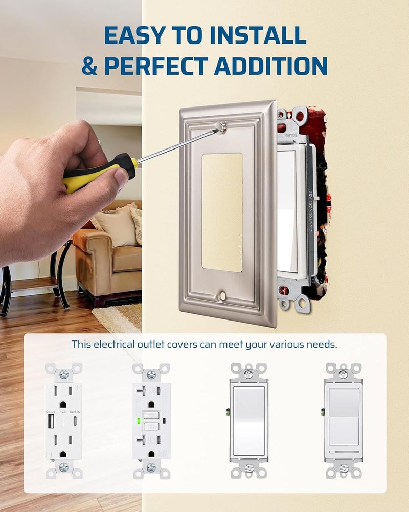 DEWENWILS أغطية مآخذ الزينة، أغطية مفاتيح الإضاءة المعدنية المصنوعة من النيكل المصقول، 4.92" × 3.14" أغطية جدارية زخرفية، أغطية مفاتيح للديكور المنزلي، عبوة من 2 - Image 4